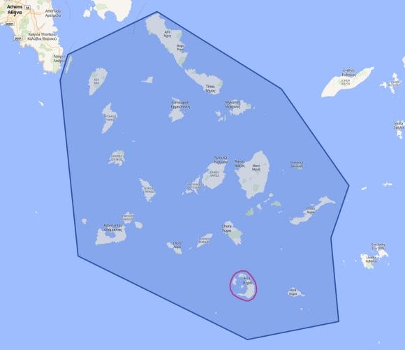 Cycladen eilanden groep met Santorini omcirkeld