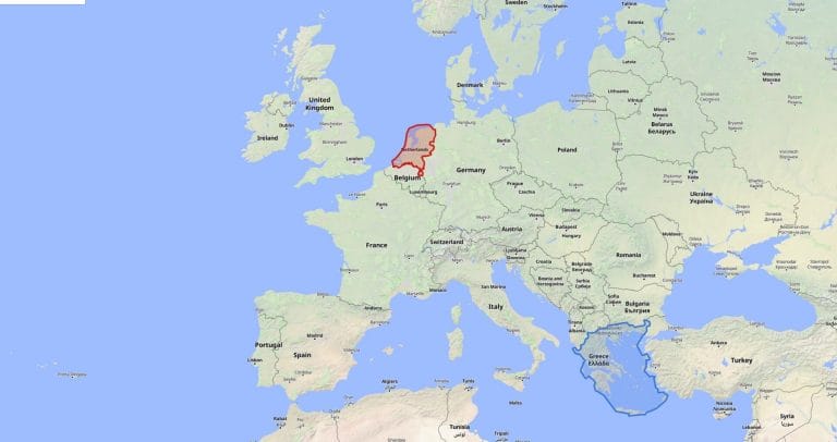 Kaart Europa met Nederland en Griekenland gemarkeerd